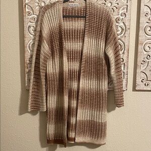 Knox Rose Cream and Brown Striped Open-Front Cardigan Sweater